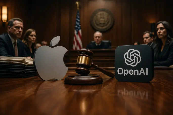 Логотипи Apple та OpenAI зі судовим молотком у залі суду США