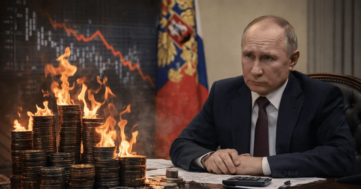Володимир Путін на тлі палаючих грошей під час банківської кризи в РФ