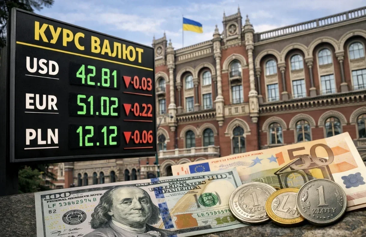 Табло курсів валют USD та EUR на тлі будівлі Національного банку України