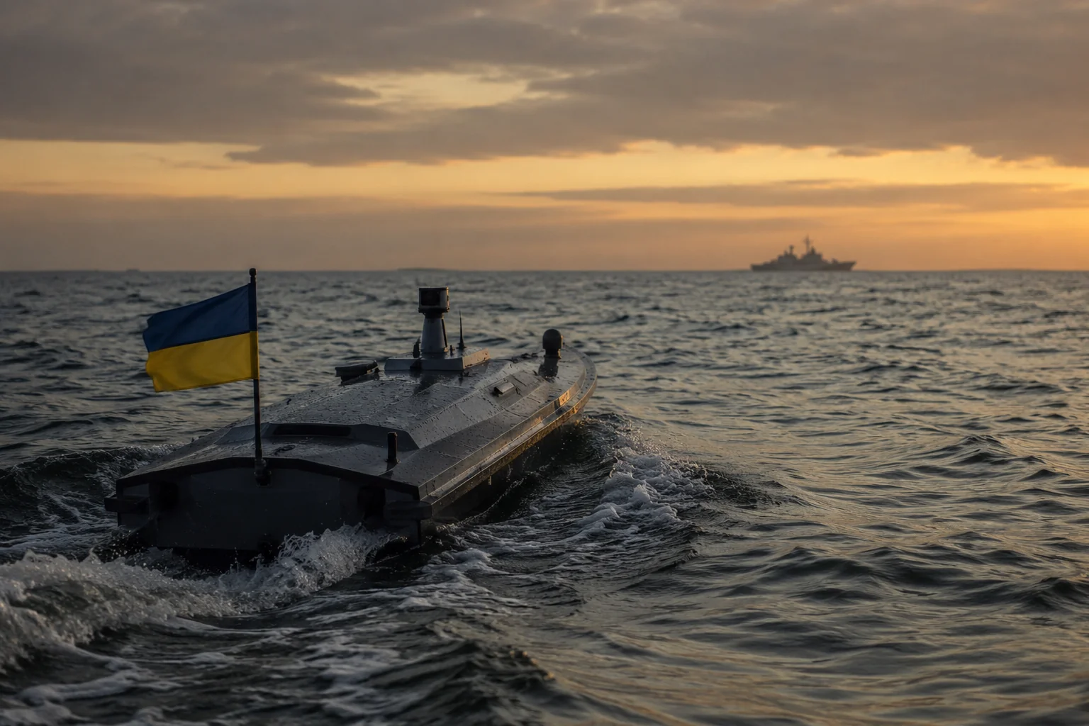 Український морський дрон ЗСУ з прапором на тлі корабля РФ біля Криму