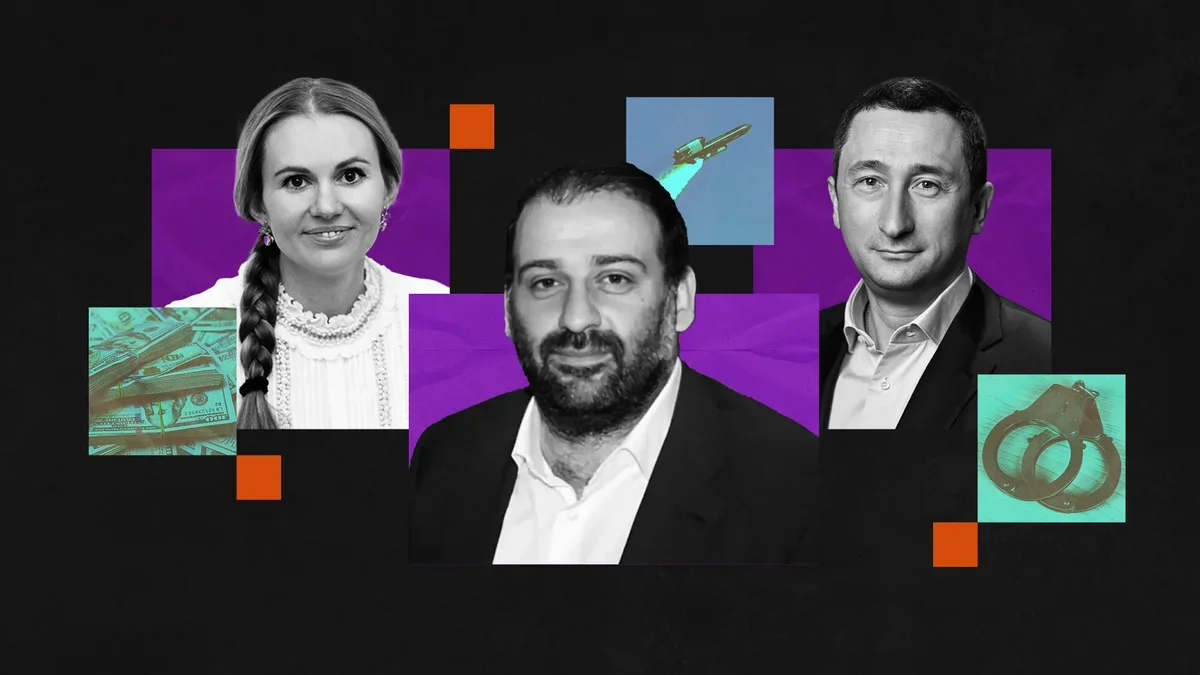 Колаж портретів трьох людей із символами грошей ракети та наручників