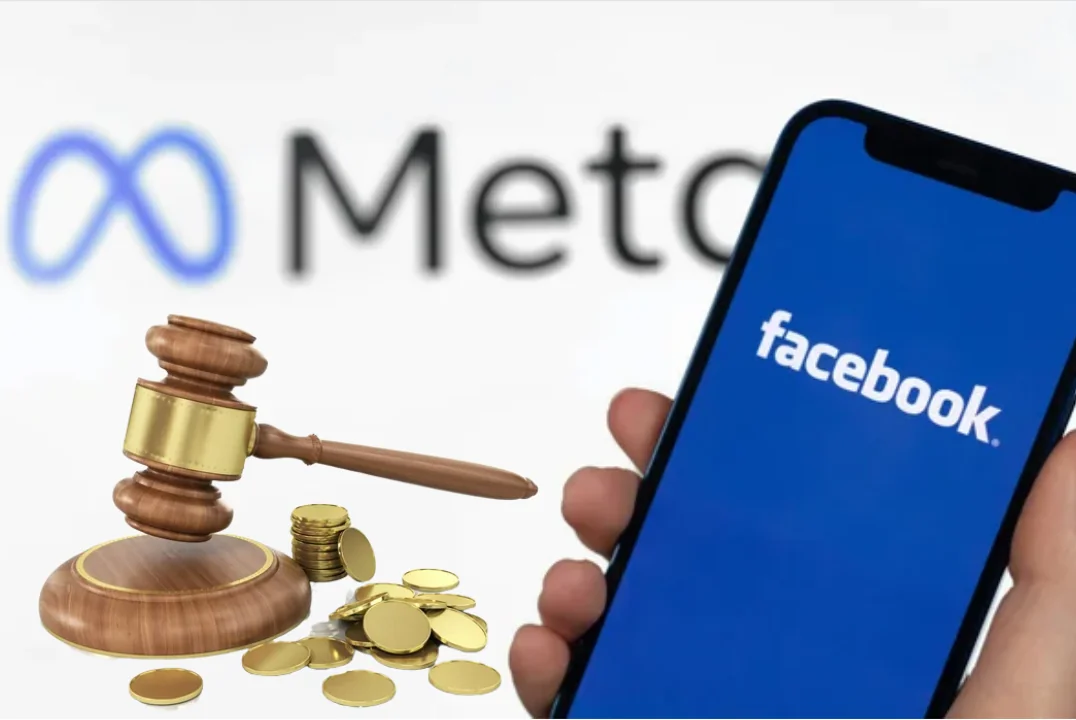 Молоток правосуддя, монети та смартфон Facebook на тлі логотипу Meta