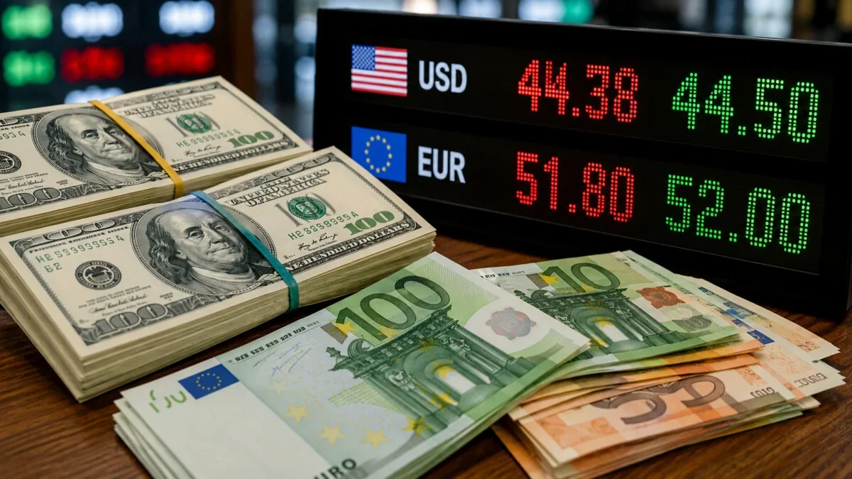 Пачки доларів США та євро на тлі табло курсів валют