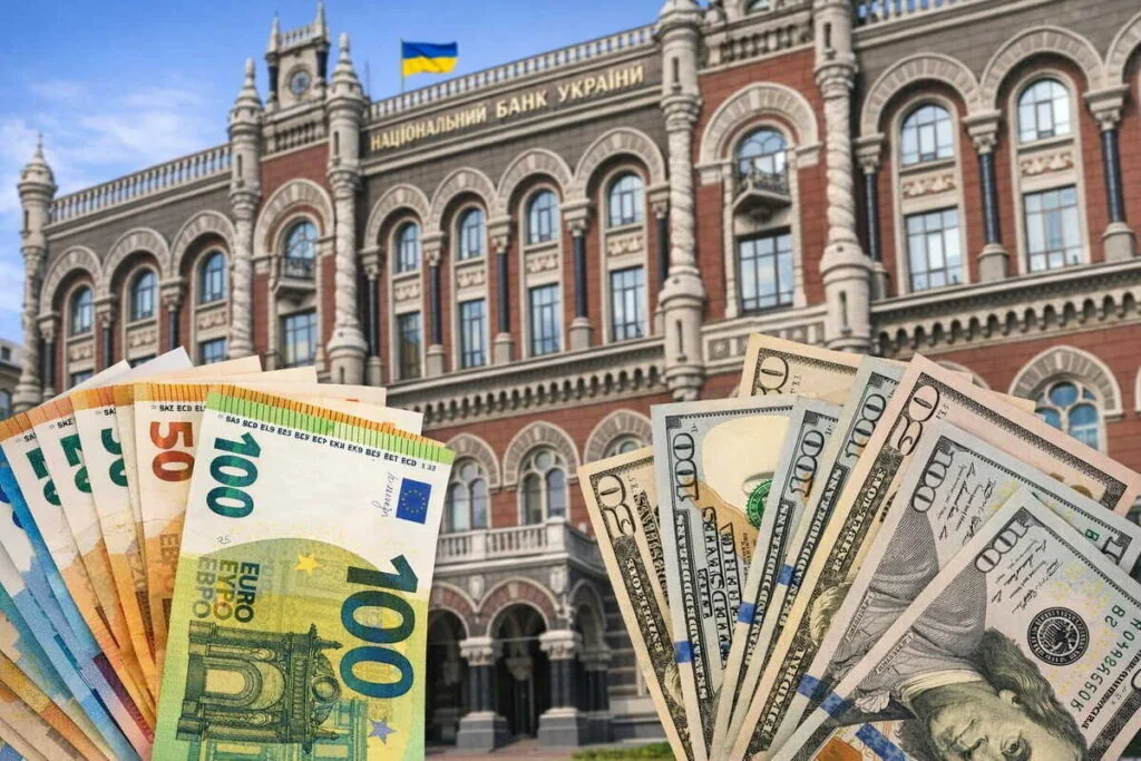 Здание Национального банка Украины с купюрами доллара и евро
