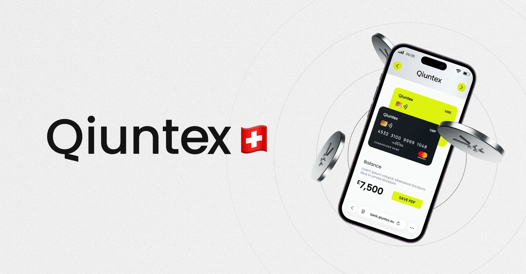 Qiuntex приложение с криптокартой и логотипом со швейцарским крестом