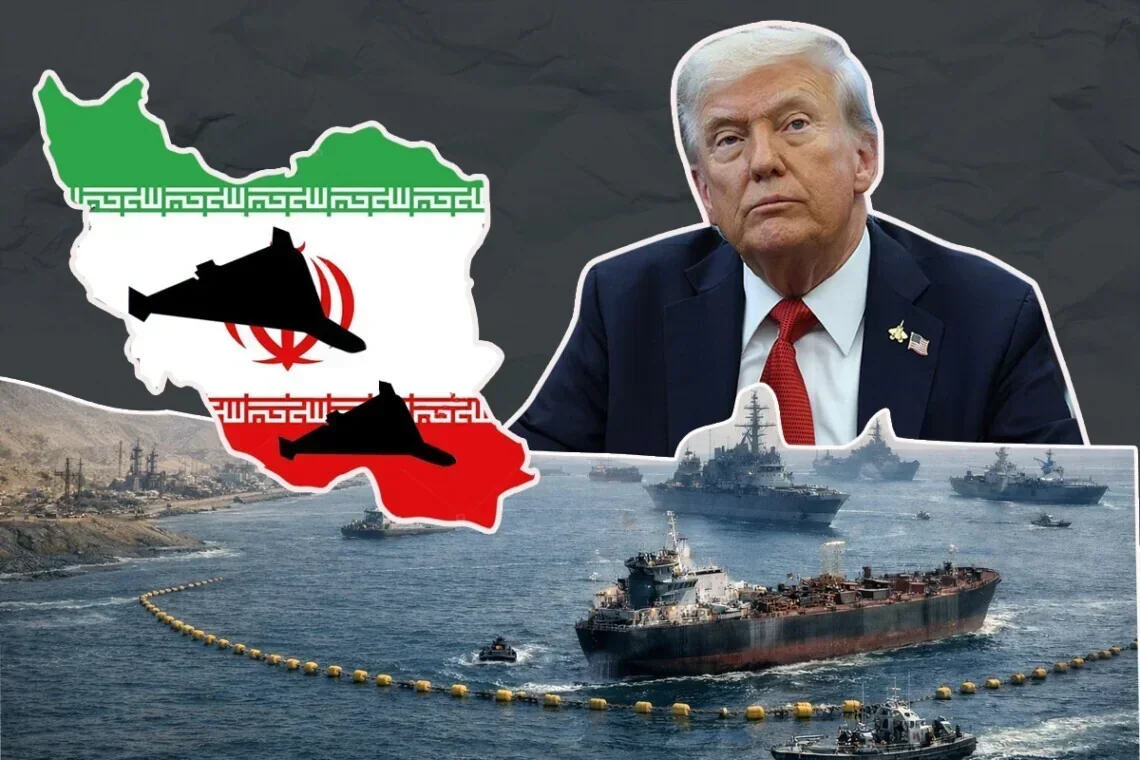 Трамп на тлі Ормузької протоки з кораблями США та картою Ірану