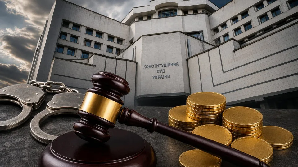 Суддівський молоток, наручники і золоті монети перед Конституційним судом України