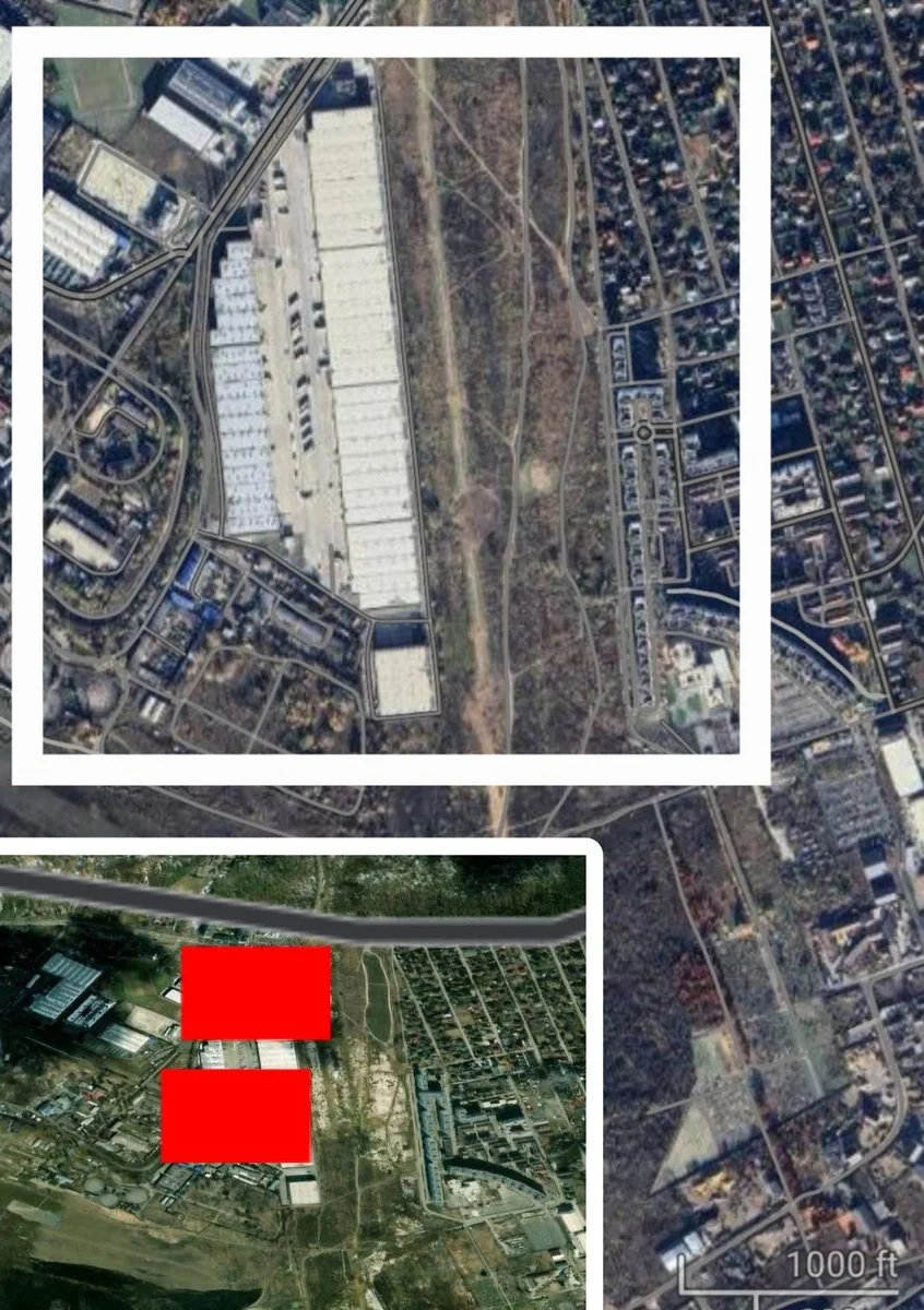 Супутниковий знімок складських комплексів і житлових кварталів Києва з червоними позначками
